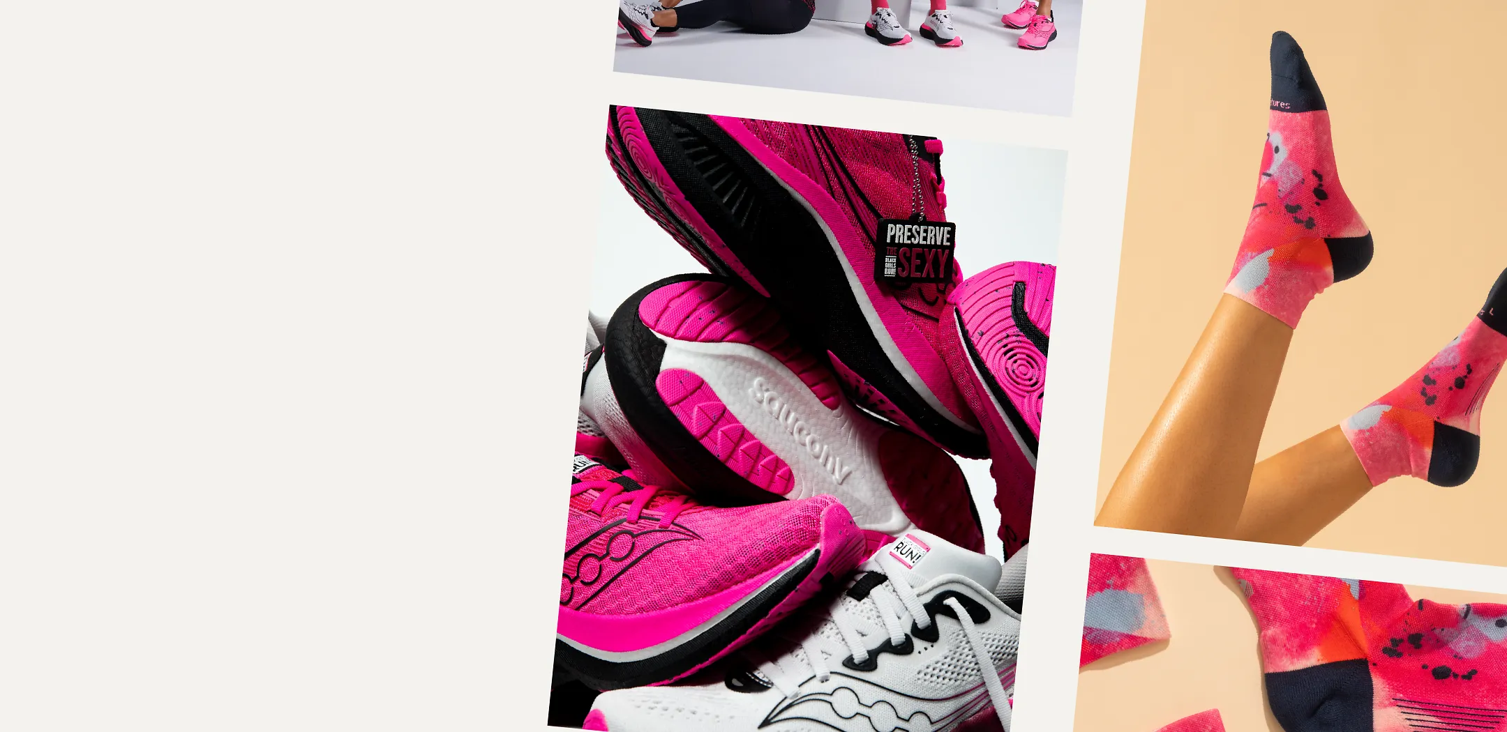 Collage of Photos of Saucony Shoes and Pink Socks