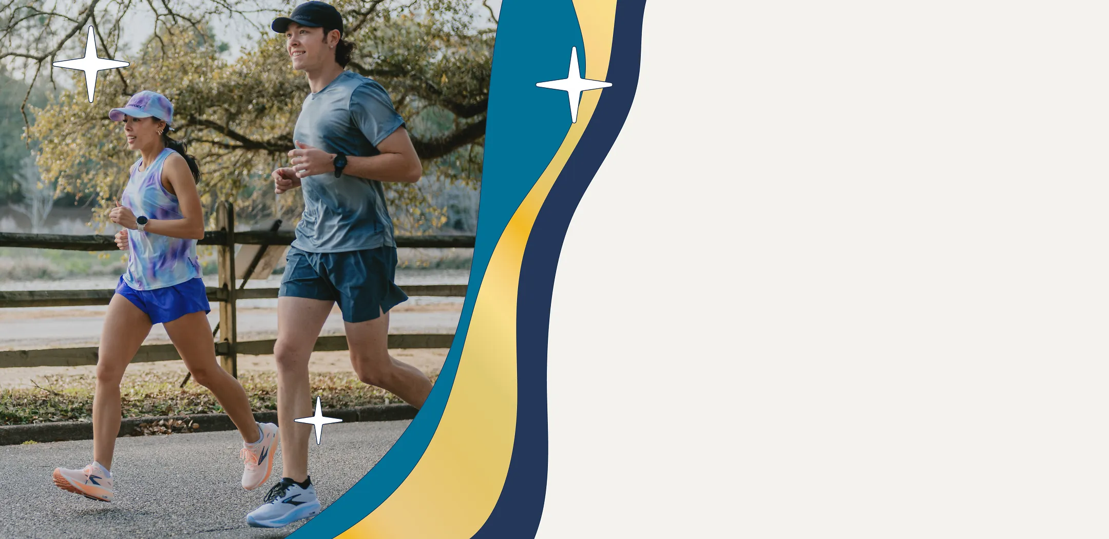 2 people running outside on the left and graphic design elements on the right 